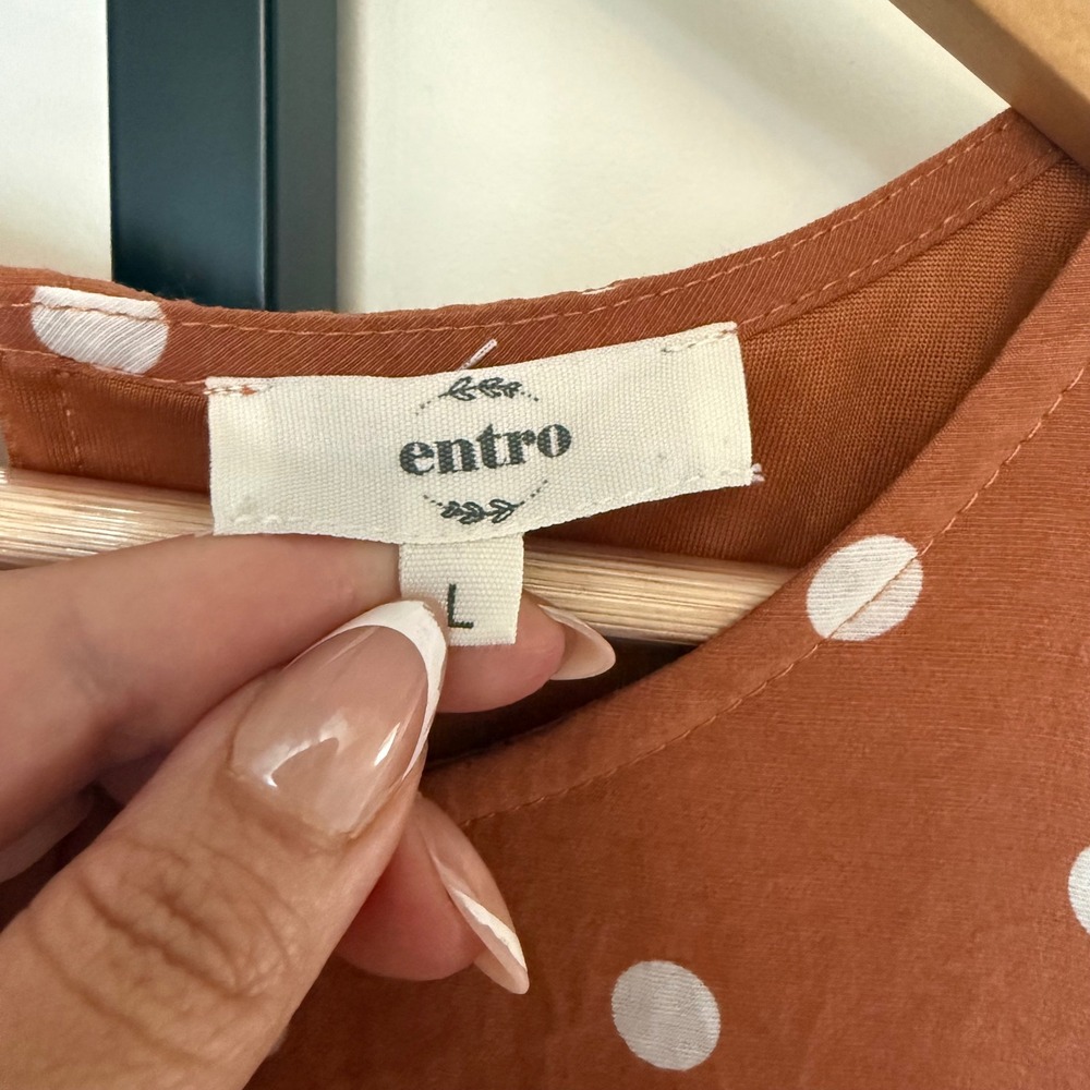 Entro Rust Polka Dot Tiered Babydoll Mini Dress Sleeveless Pockets Womens Large - Picture 6 of 10